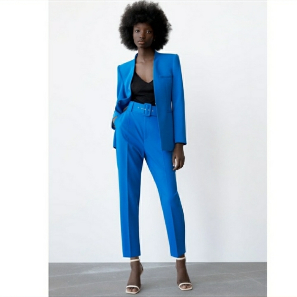 ZARA azure blue belted trousers pants